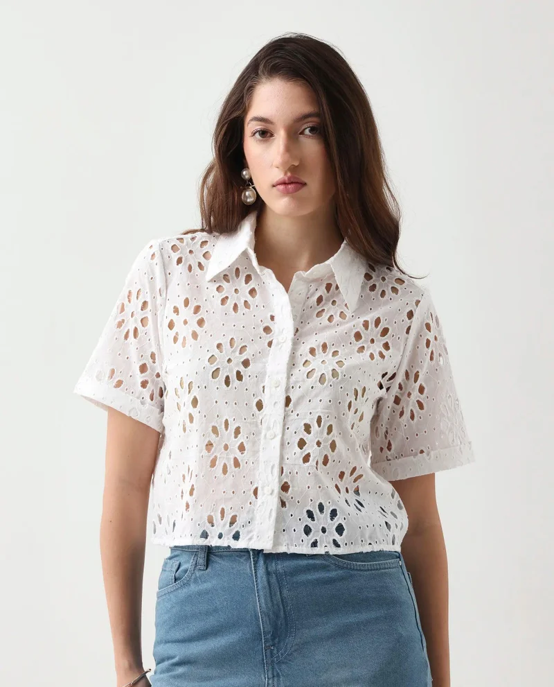 Rareism Women's Solid Schiffli Crop Shirt
