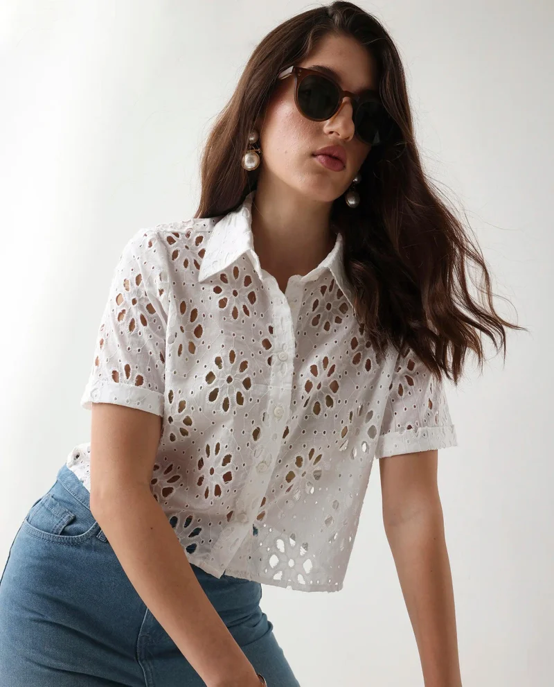 Rareism Women's Solid Schiffli Crop Shirt