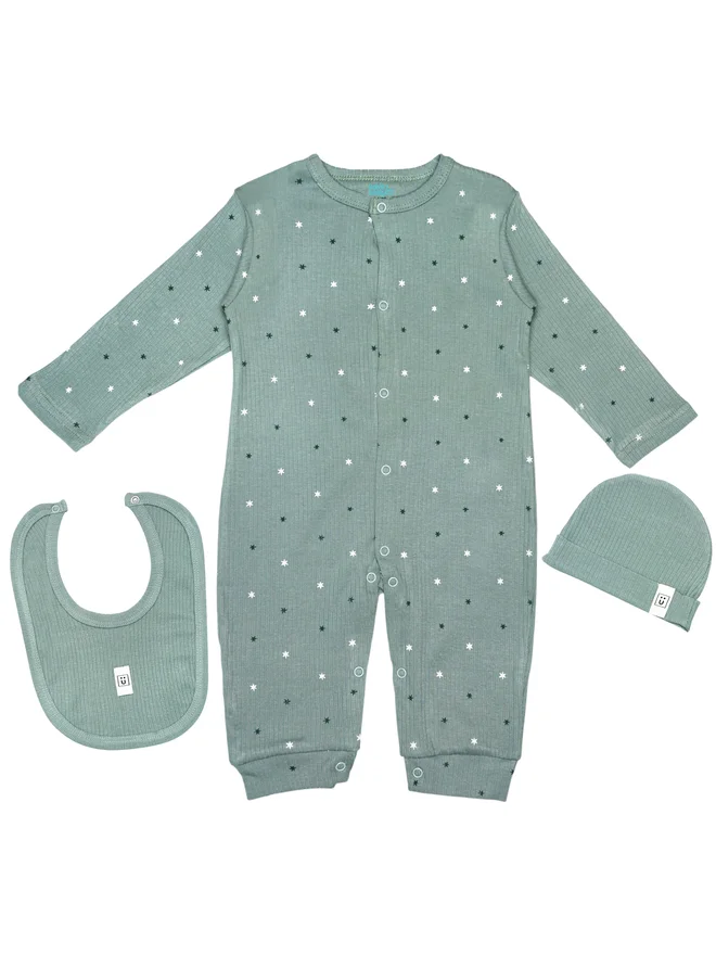 بابيز_بيسك Babies Basic Premium Ribbed Cotton Sleepsuit Romper with Cap and Bib