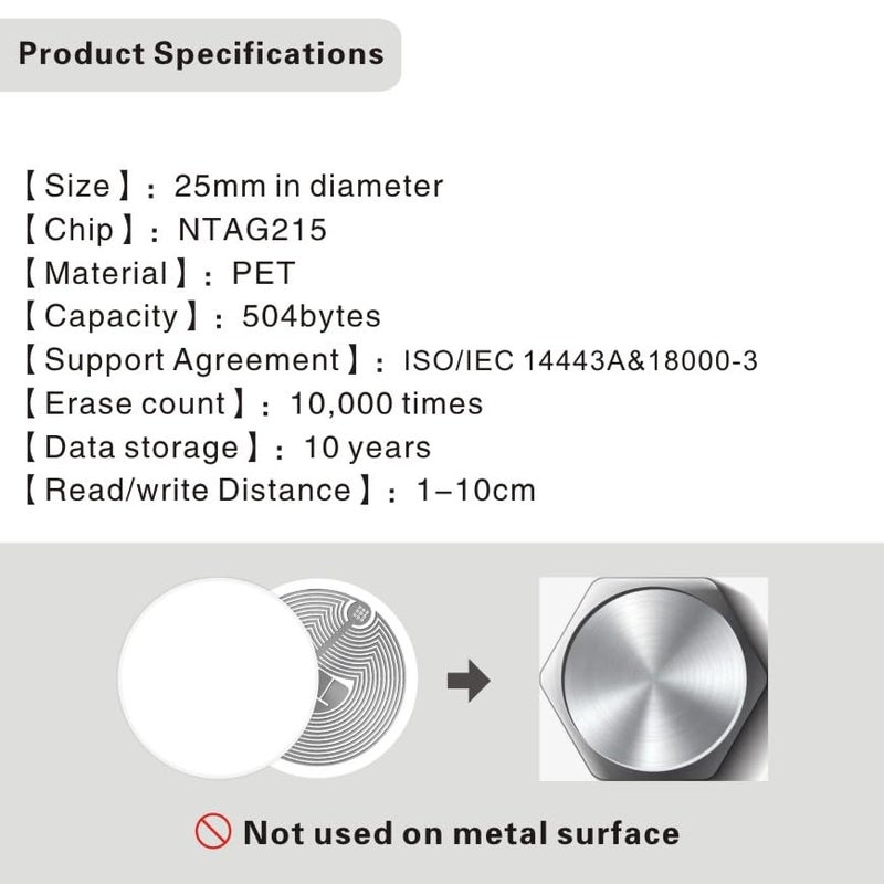 Timeskey NFC 50PCS NFC Tags NTAG215 NFC Stickers Blank NFC Tags Adhesive NFC 215 Programmable NFC Tags Compatible with Android & iPhone 504 Bytes Memory Fully Programmable-Timeskey NFC (25 mm/ 1 Inch) - Image 4