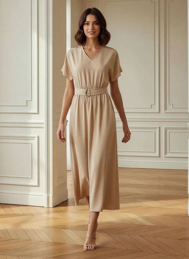 Splash FAV Belted Midi Dress with Short Sleeves and V-neck