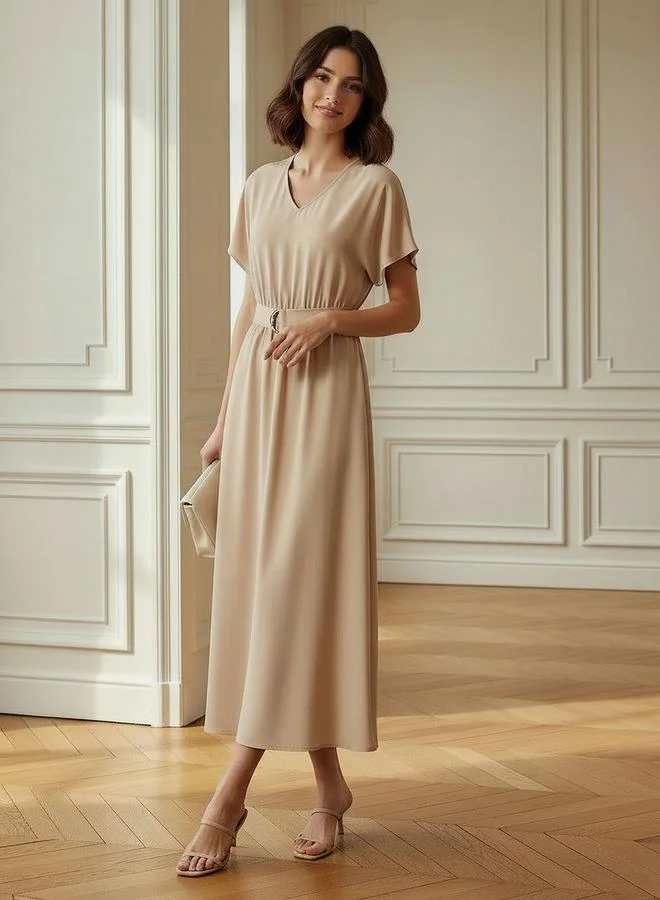 Splash FAV Belted Midi Dress with Short Sleeves and V-neck