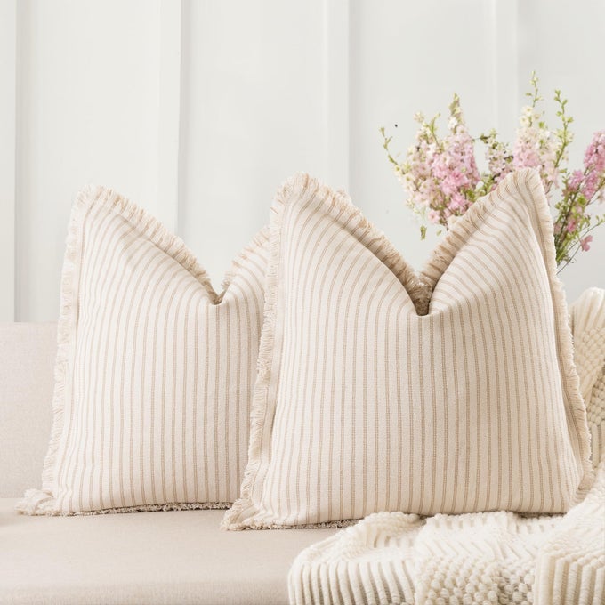 THROW PILLOW COVERS 18X18 SET OF 2 STRIPED PILLOW COVERS WITH FRINGE CHIC COTTON DECORATIVE PILLOWS SQUARE CUSHION COVERS FOR SOFA COUCH BED LIVING ROOM FARMHOUSE DECOR
