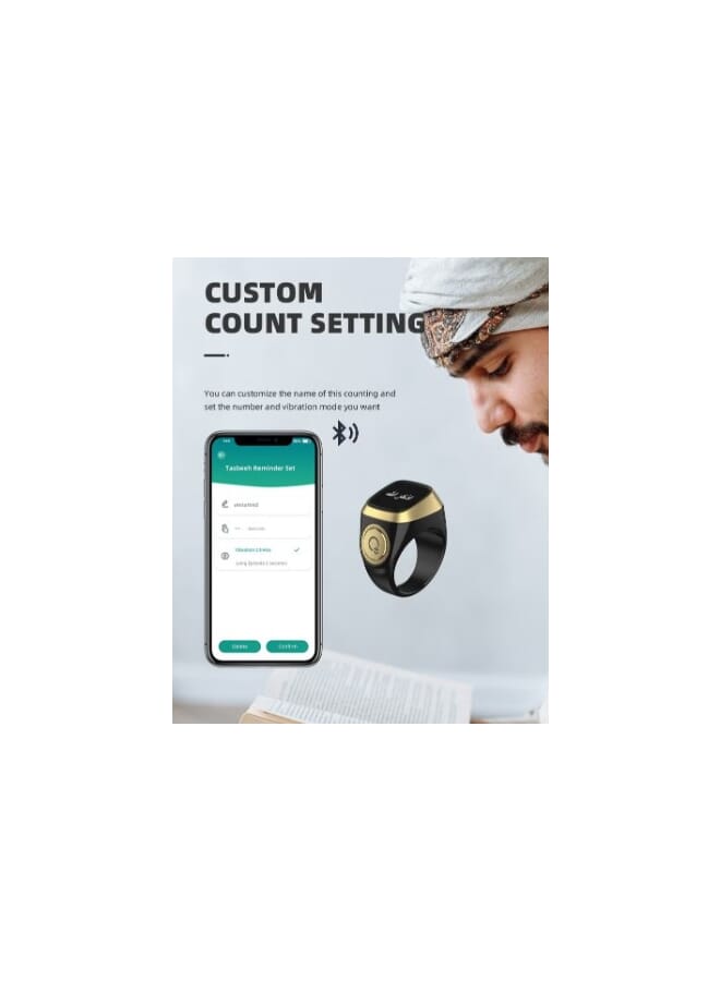 22 mm Zikr Ring Smart Ring with Vibration Reminder Tasbih Counter and Bluetooth Connection for Exclusive IQIBLA App and 5 Daily Prayer Reminders Black - Image 3