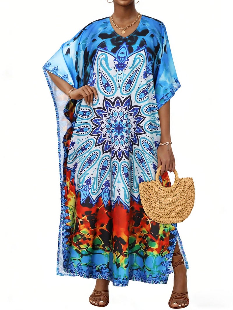 JILUVIN Kaftan Dresses for Women Plus Size V Neck Caftan Long Batwing Sleeve Swimsuit Cover Up Beach Swimwear (Blue Boho Print, One Size)