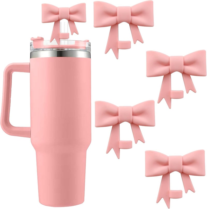 Hpebl 4Pcs Silicone Straw Toppers Covers for Stanley Cups 40/30oz 10mm(0.4in) Dust-Proof Bow Straw Covers Toppers Suitbale for Stanley Cup Accessories Reusable Straws Caps (Pink) - Image 1