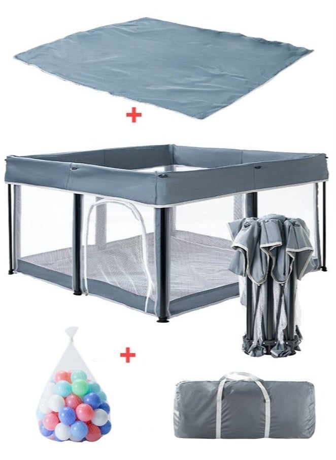 والالا حظيرة لعب قابلة للطي للأطفال الرضع والأطفال الصغار، ساحة لعب محمولة مع حقيبة حمل تحتوي على 20 كرة محيطية، سياج أطفال داخلي وخارجي بشبكة سميكة، لا يتطلب تركيبًا، مع سجادة، رمادي 127*127*66 سم. - Image 1