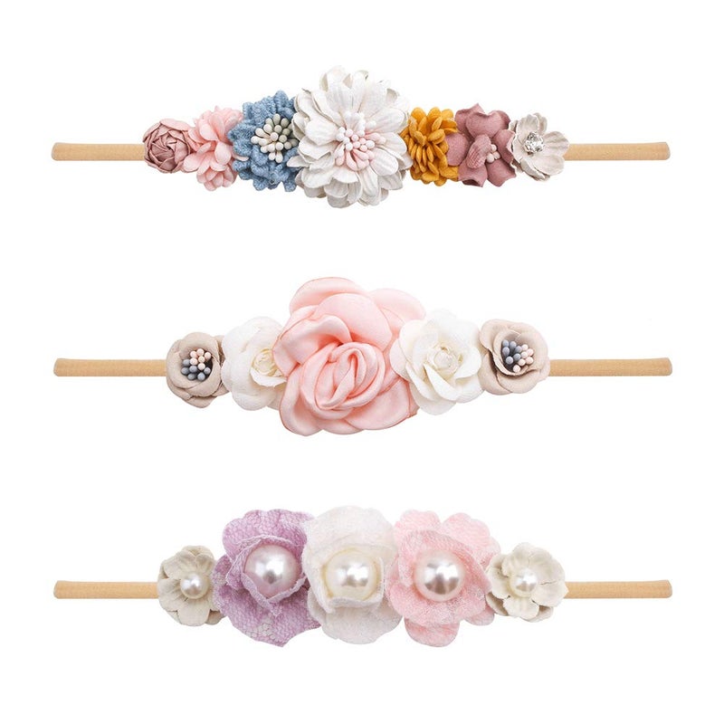 mligril Baby Girl Nylon Headbands Flower Hair Bows Accessories-Elastic Hair Band Crown Handmade FLoral Wraps Birthday Gifts for Girls Newborn Infant Toddler 3Pcs - Image 1