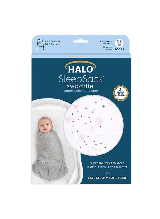 Halo 100% Cotton Sleepsack Swaddle, 3 - Way Adjustable Wearable Blanket, Tog 1.5, Midnight Moons Pink, 0 - 3 Months /Newborn