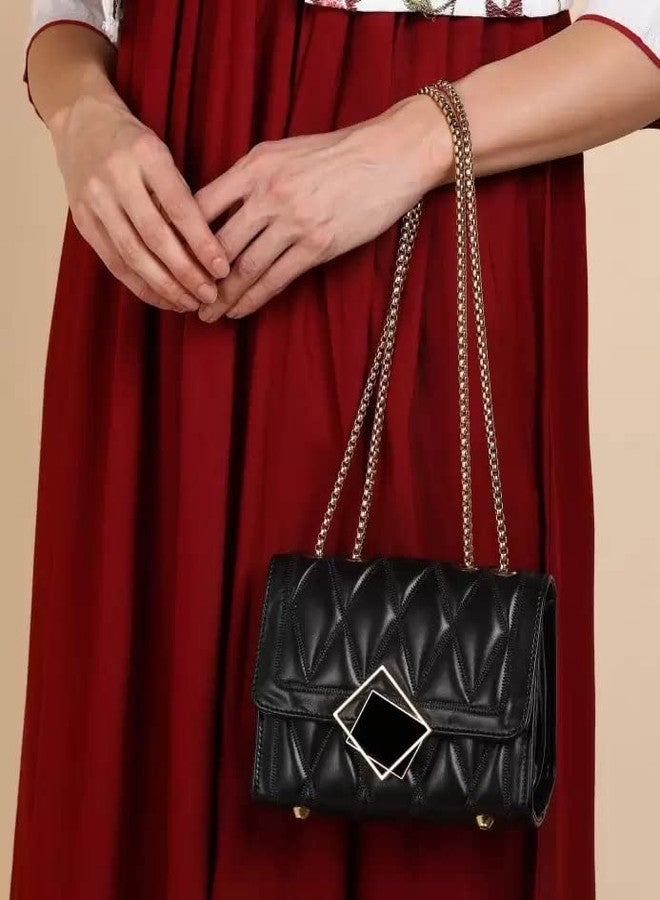 KRIFTY Cross Body Sling Bag for Women with Gold Chain (Black) - Image 5