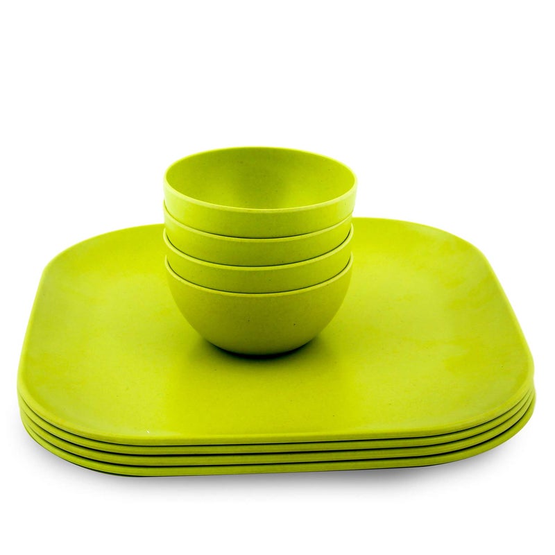 Decor Decor EcoLite Bamboo Non Toxic Reusable Eco-Friendly Dinner Set for Couples - 4 Small Plates and 4 Bowls (Lime) - 8 Pieces - Image 1