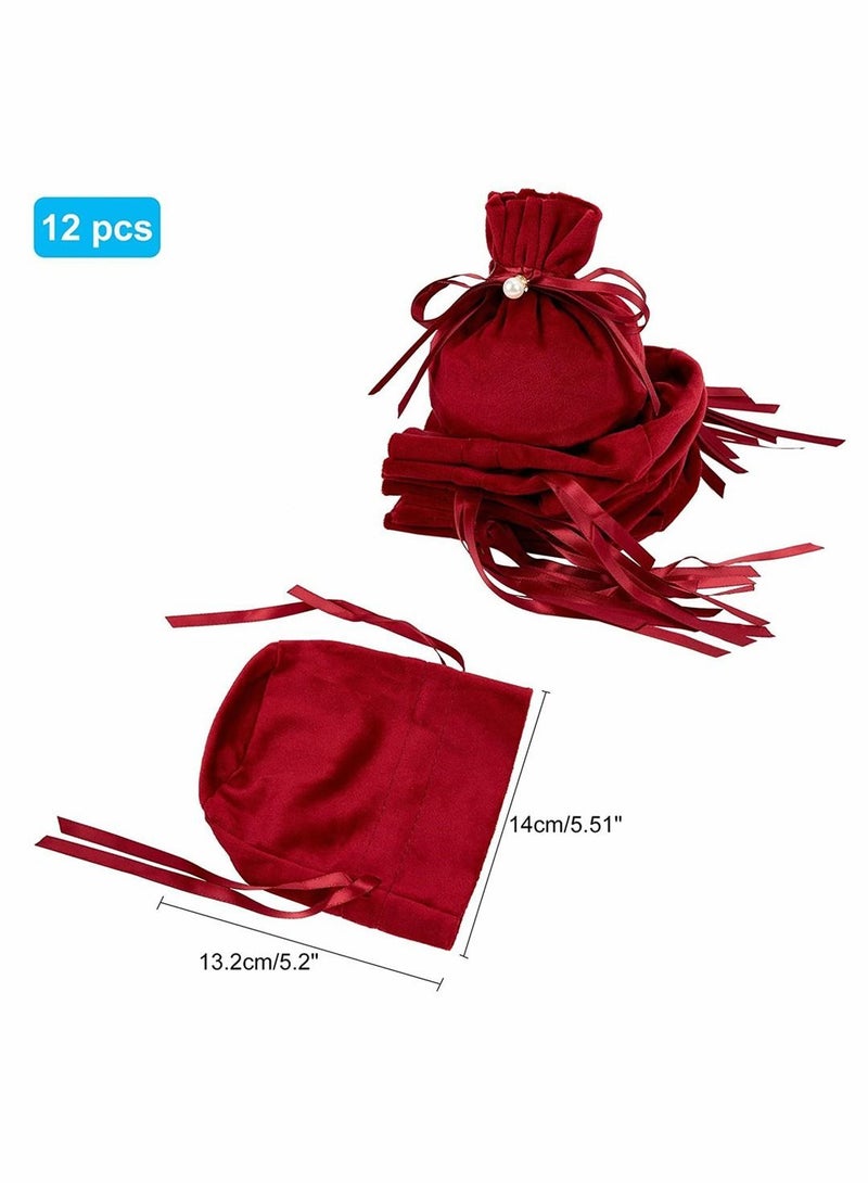 XiuWoo Velvet Bags, Round Bottom Drawstring Cloth Gift Pouches Jewelry Candy Bags with Imitation Pearl Charm for Wedding Birthday Party Favors, 12 Pcs, Dark Red, 13.2 x 14 cm - Image 4
