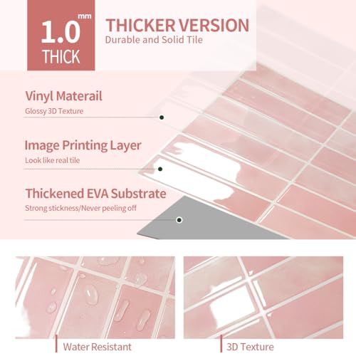 DAGOU Peel and Stick Backsplash 3D Wall Tiles,Self-Adhesive,Oil Proof,Waterproof, Removable Wall Panels for Kitchen & Bathroom,Modern Design, Easy Install (10.7ft，12x9 inch,14 Pack) (Pink) - Image 3