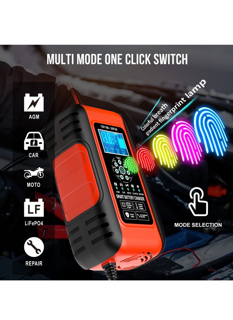 SYOSI SYOSI Car Battery Charger, 10A 12V/5A 24V Car Battery Charger, Portable Smart Automotive Battery Charger Maintainer, Pulse Repair Charger for Car, Truck, Lawn, Motorcycle, Mower, Boat  - Image 3