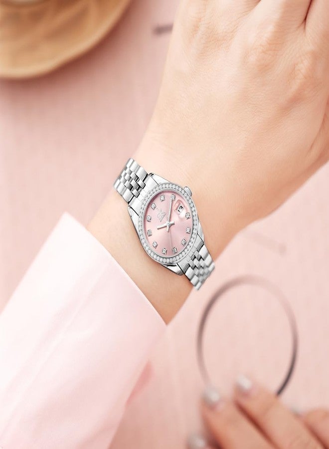 SHENGKE Women's Crystal Accented with Solid Alloy Steel Band Watch Elegant Dress Quartz Calendar Watches for Women (Silver-Pink) - Image 3
