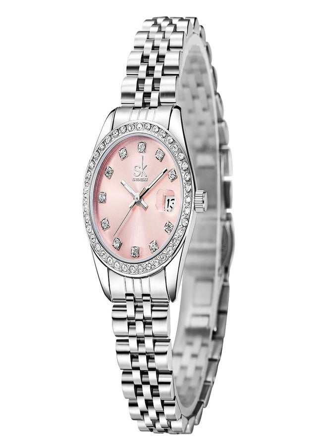 SHENGKE Women's Crystal Accented with Solid Alloy Steel Band Watch Elegant Dress Quartz Calendar Watches for Women (Silver-Pink) - Image 4