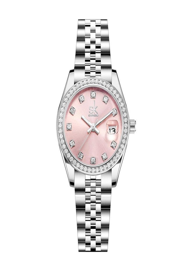 SHENGKE Women's Crystal Accented with Solid Alloy Steel Band Watch Elegant Dress Quartz Calendar Watches for Women (Silver-Pink) - Image 1