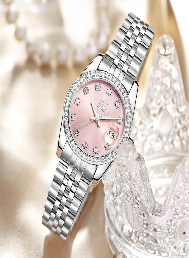 SHENGKE Women's Crystal Accented with Solid Alloy Steel Band Watch Elegant Dress Quartz Calendar Watches for Women (Silver-Pink) - Image 2