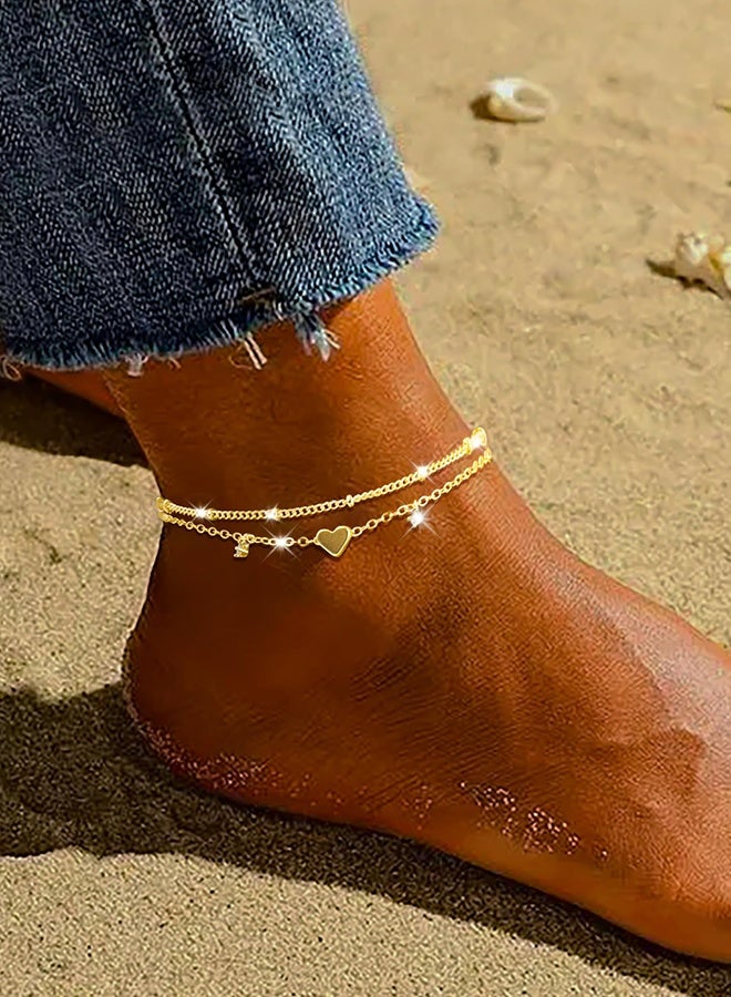 Gold Anklet Bracelets for Women Waterproof, Heart Charm Dainty Layer Anklets for Women Trendy, Simple Chain Anklets Set Gifts for Women, Jewelry Gifts for Her Women Mom Wife Girlfriend - Image 1