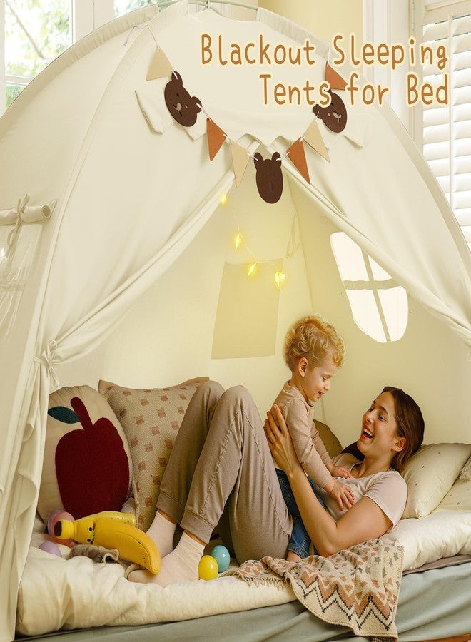 خيمة سرير مزدوج، خيمة سرير بطابقين مع مظلة ونجوم وإضاءة وأعلام، خيمة نوم جيدة التهوية، مساحة خاصة للعب في غرفة النوم الداخلية، خيمة لعب قابلة للطي مع حقيبة تخزين، بيج - Image 5