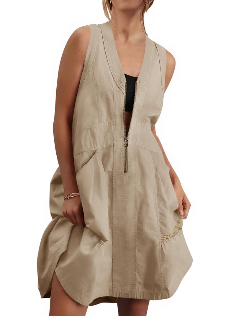 Fisoew Women's Sleeveless Tank Mini Dress Casual Half Zip V Neck Loose Mesh Back Utility Summer Dresses with Pockets Khaki - Image 1