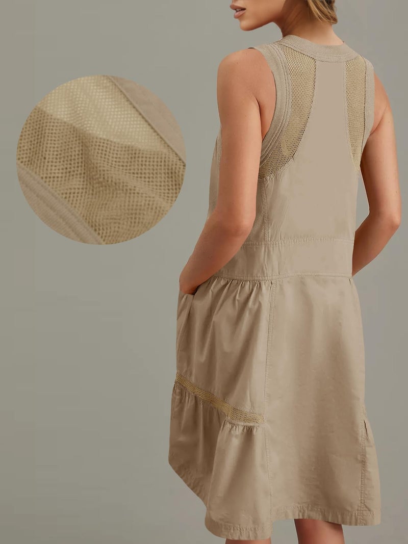 Fisoew Women's Sleeveless Tank Mini Dress Casual Half Zip V Neck Loose Mesh Back Utility Summer Dresses with Pockets Khaki - Image 4