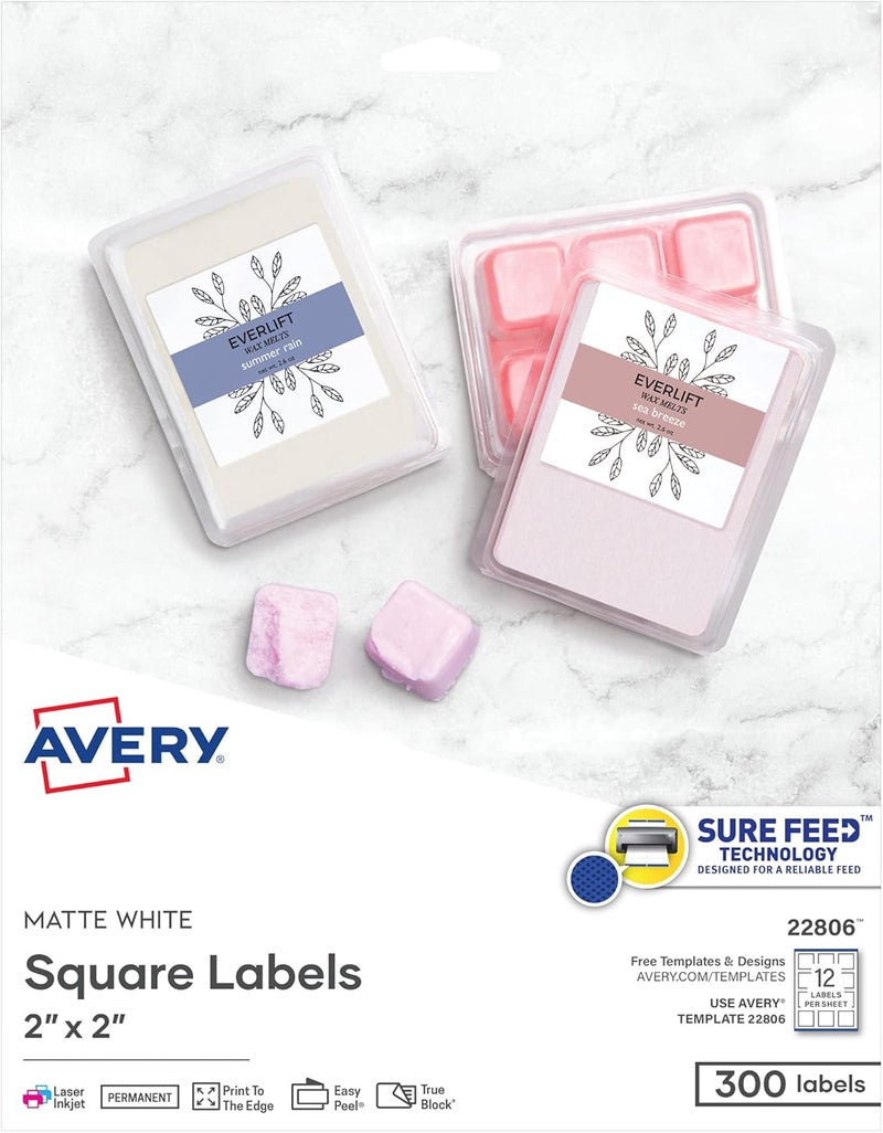 AVERY Printable Blank Square Labels, 2" x 2", Matte White, 300 Customizable Labels (22806) - Image 1