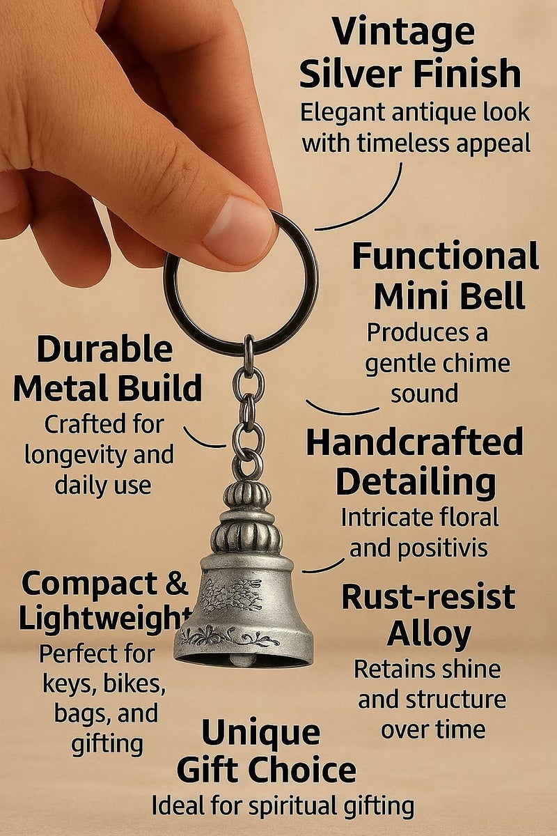 TEJ GIFTS Classic Antique Tibetan Temple Bell Shaped Keyring for Gift Gaurdian bell for Car Bike Bags Metal Key ring Key Chain Bag Charm Gift (Silver) - Image 4