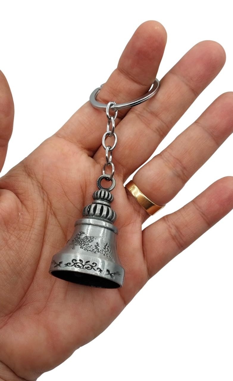 TEJ GIFTS Classic Antique Tibetan Temple Bell Shaped Keyring for Gift Gaurdian bell for Car Bike Bags Metal Key ring Key Chain Bag Charm Gift (Silver) - Image 1