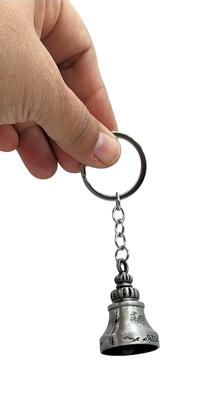 TEJ GIFTS Classic Antique Tibetan Temple Bell Shaped Keyring for Gift Gaurdian bell for Car Bike Bags Metal Key ring Key Chain Bag Charm Gift (Silver) - Image 3