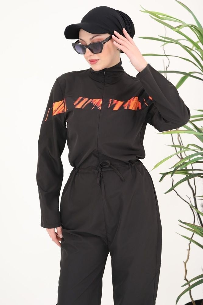 NS Tasarım NS Design Floria Flame Stripe Design Hijab Parachute Fabric Jumpsuit Swimsuit - Image 3