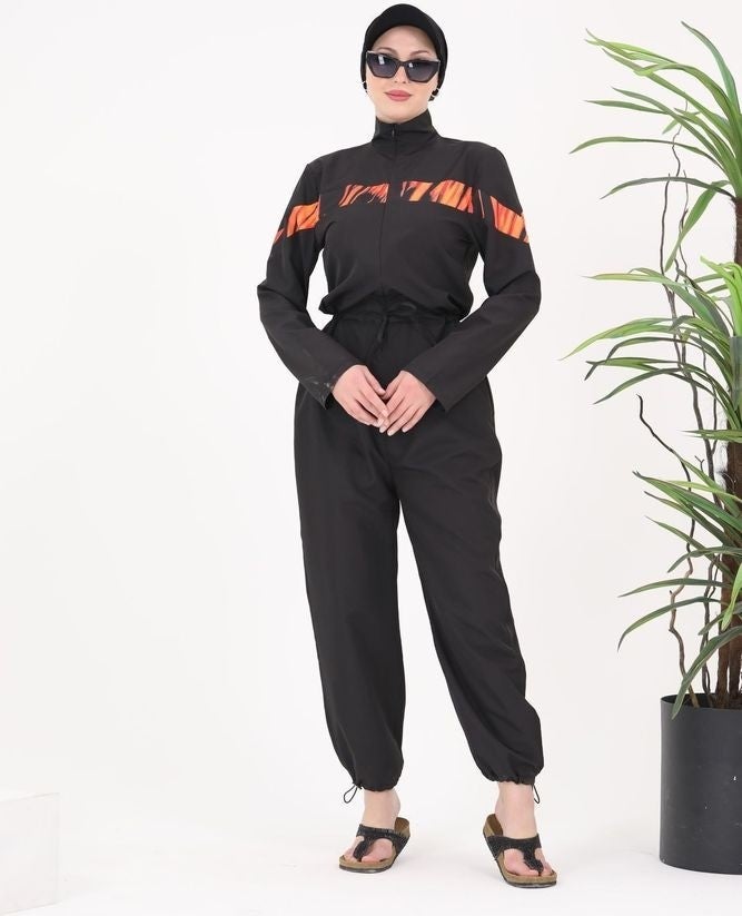 NS Tasarım NS Design Floria Flame Stripe Design Hijab Parachute Fabric Jumpsuit Swimsuit - Image 1