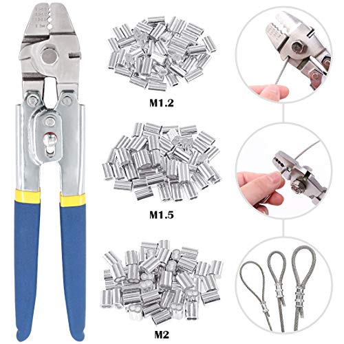 Glarks Up to 22mm Wire Rope Crimping Tool with 150Pcs 3 Size Aluminum Double Barrel Ferrule Crimping Loop Sleeve Kit - Image 1