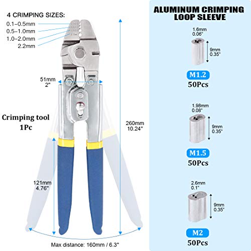 Glarks Up to 22mm Wire Rope Crimping Tool with 150Pcs 3 Size Aluminum Double Barrel Ferrule Crimping Loop Sleeve Kit - Image 3