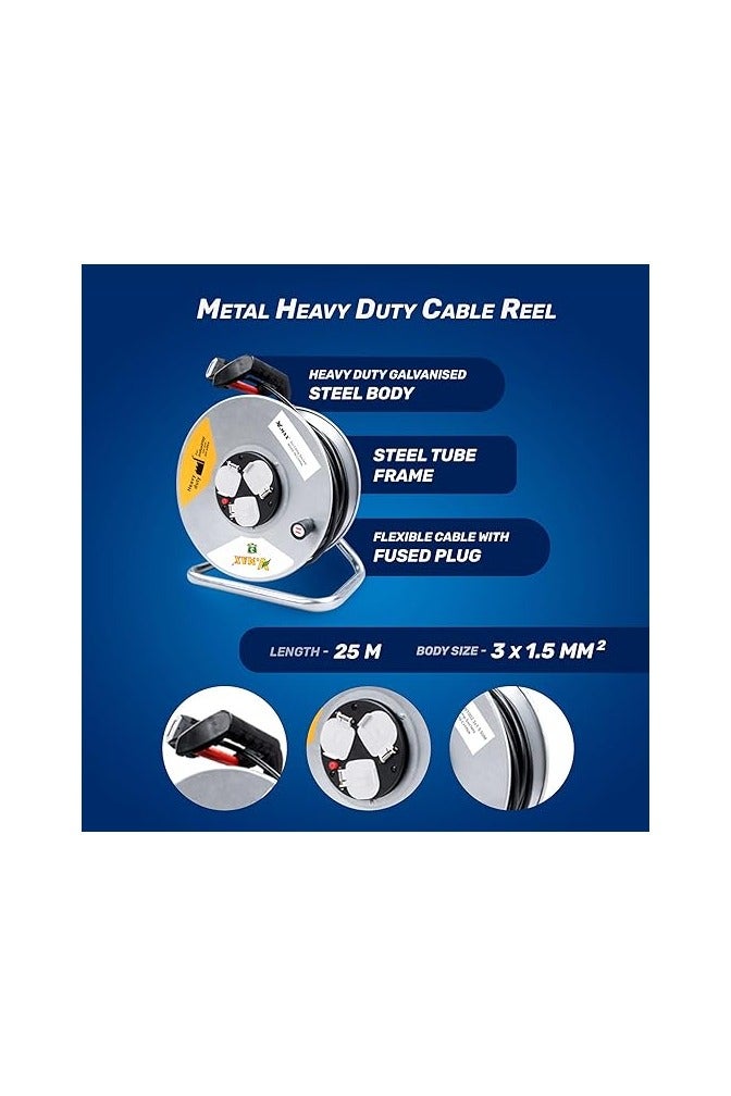 Vmax V.MAX 3 Socket Open Cable Reel Extension Lead with Winding Handle | Thermal Cut Out and Power Switch 25 Metres High Visibility Cable Reel sliver (3 * 1.5MM sq. 25M) - Image 2