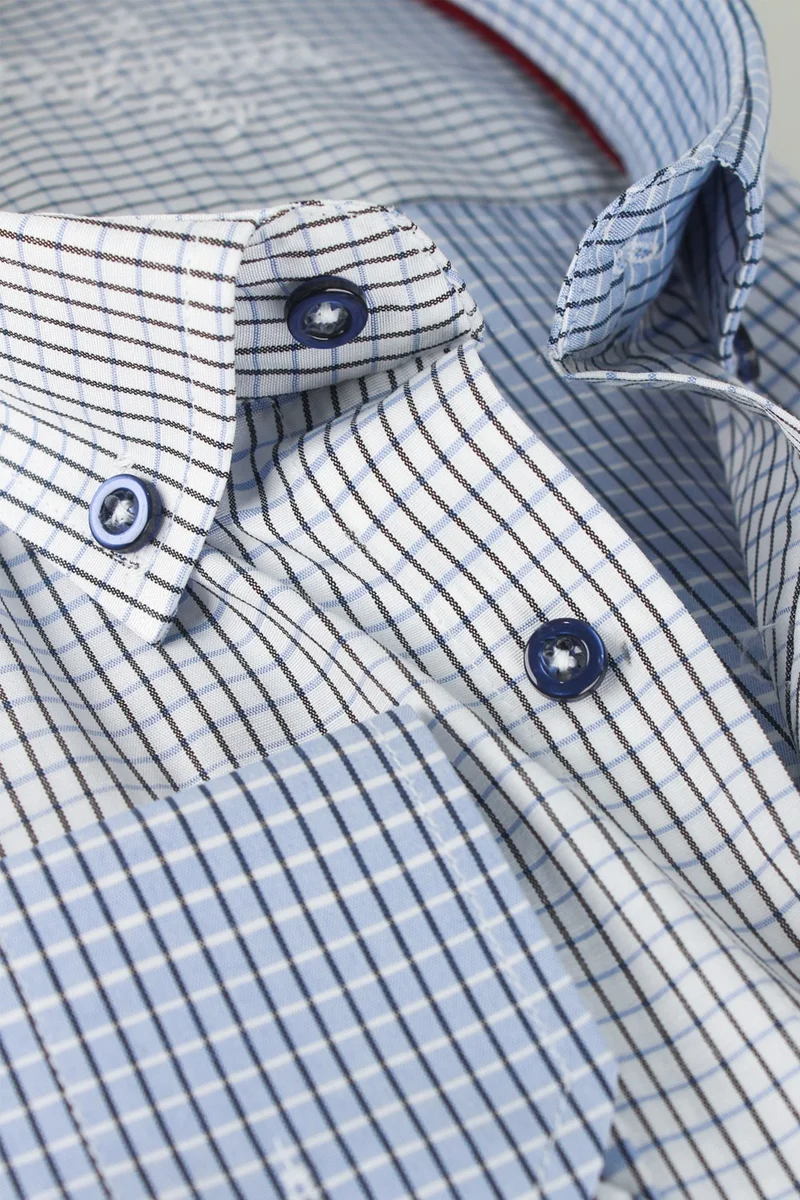 Varetta Men's White Blue Pocket Classic Cut Checkered Long Sleeve Shirt