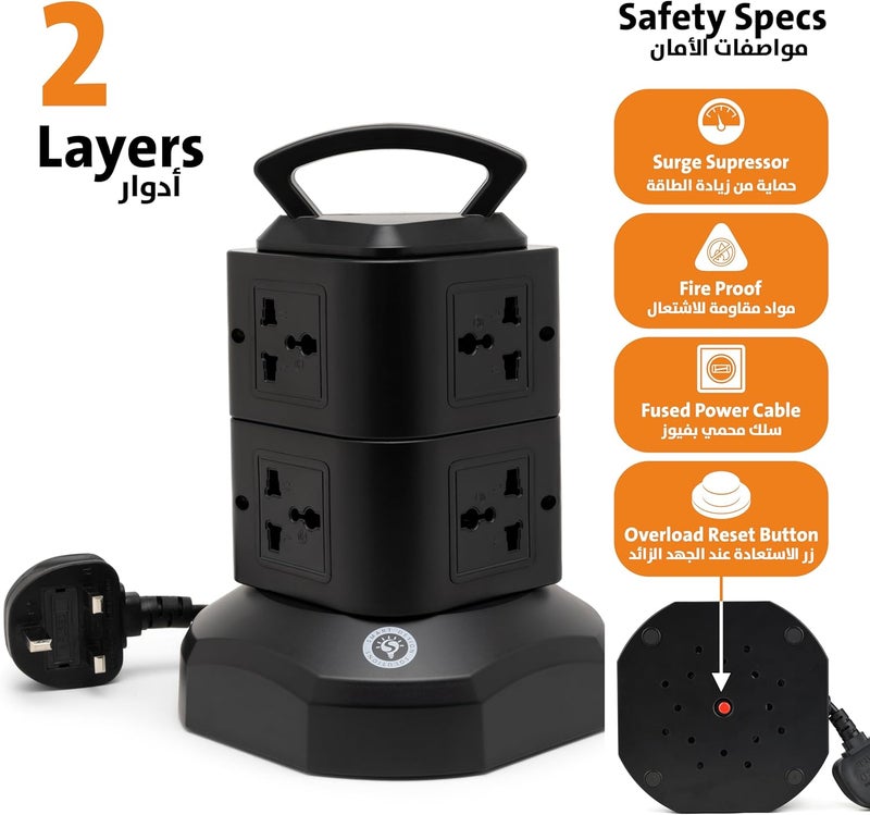 Smart Design Solutions Tower Extension Power Strip with Surge Protection | Multi Plug Vertical Design | Integrated USB Ports | 3M Cable - Image 3
