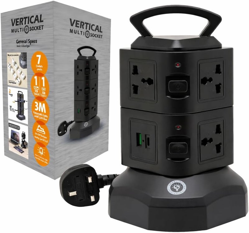 Smart Design Solutions Tower Extension Power Strip with Surge Protection | Multi Plug Vertical Design | Integrated USB Ports | 3M Cable - Image 1