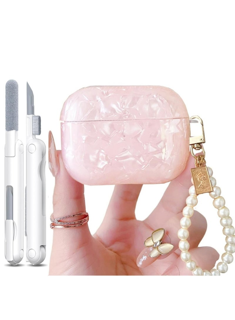 بولوز لطيف براق Airpods برو 3 حالة 2025 مع قلم نظيف، نمط قشرة أبل Airpod iPod برو الجيل الثالث غطاء حماية الجلد فتاة النساء مع سلسلة المفاتيح اللؤلؤة الفاخرة، الوردي - Image 1