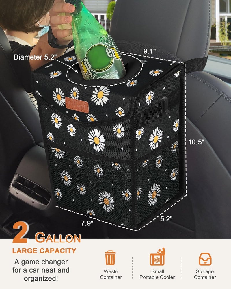 Pritent Car Trash Can with Lid, Cute Leakproof Car Trash Garbage Bag Hanging Vehicle Trash Bin Small Portable Automotive Garbage Cans Organizer for Back/Front Seat/Console(Trapezoid,Black Flower) - Image 2