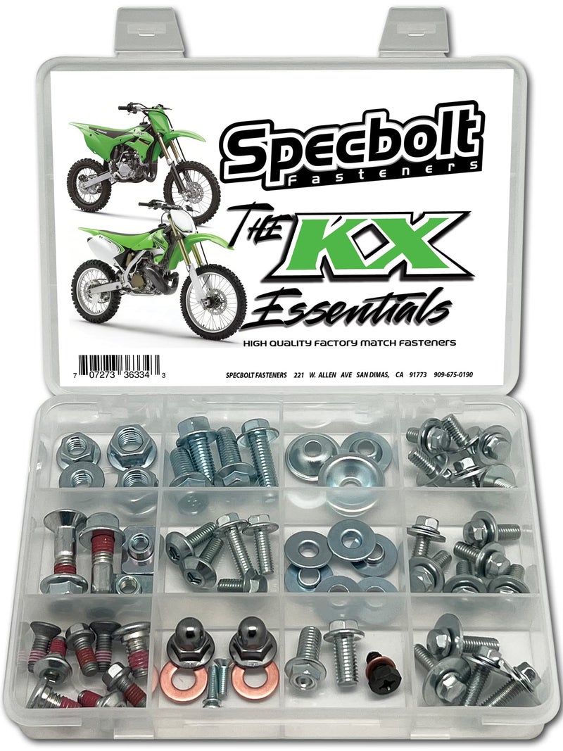 Specbolt Fasteners Specbolt KX 65 85 100 125 250 500 Essentials Bolt Kit Fits: All Kawasaki KX 2 Strokes  KX125 KX250 KX500 KX100 KX85 KX65 Spare Kick Start Seat Subframe Fender Brake Rotor Sprocket Fork Guard... - Image 1