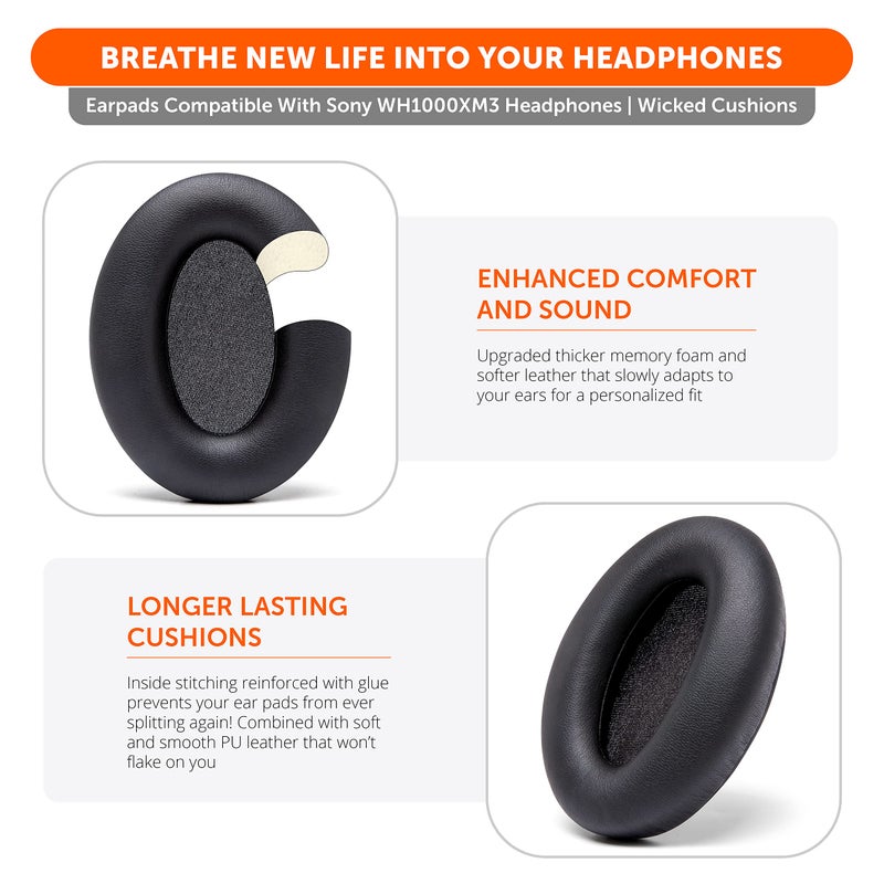 WC Wicked Cushions Extra Thick Replacement Earpads Compatible with Sony WH-1000XM3 Headphones - Black - Image 3
