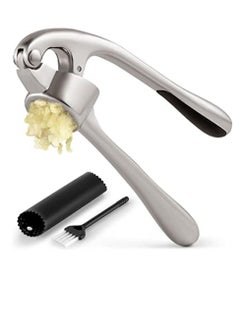 Kitchen Premium Garlic Press with Soft, Easy to Squeeze Handle - Includes Silicone Garlic Peeler & Cleaning Brush - 3 Piece Garlic Mincer Tool - Sturdy Easy to Clean Garlic Crusher (Silver)