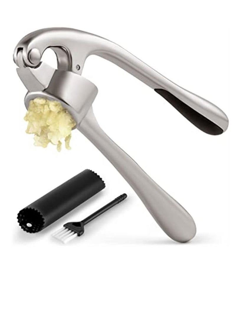 Generic - Kitchen Premium Garlic Press with Soft, Easy to Squeeze Handle - Includes Silicone Garlic Peeler & Cleaning Brush - 3 Piece Garlic Mincer Tool - Sturdy Easy to Clean Garlic Crusher (Silver) - Image 1