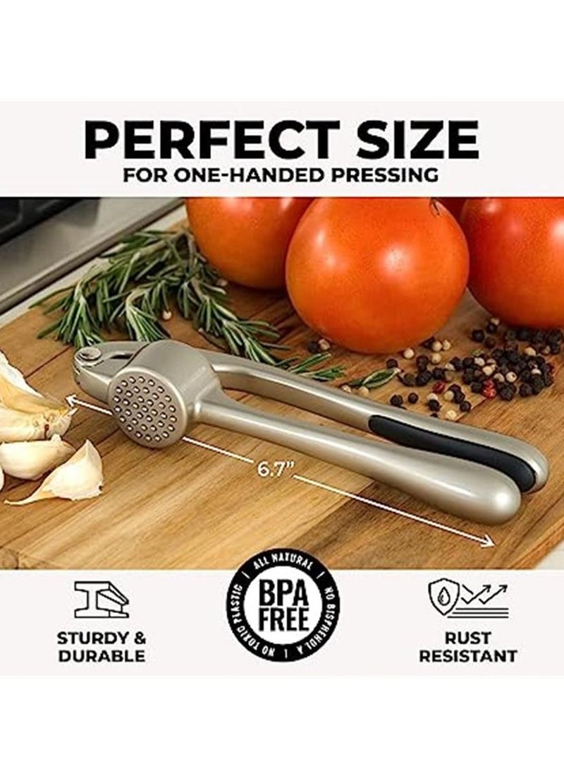 Generic - Kitchen Premium Garlic Press with Soft, Easy to Squeeze Handle - Includes Silicone Garlic Peeler & Cleaning Brush - 3 Piece Garlic Mincer Tool - Sturdy Easy to Clean Garlic Crusher (Silver) - Image 1