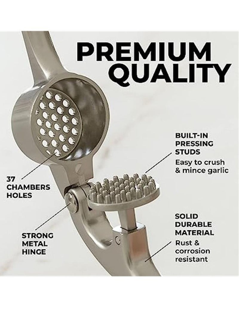 Generic - Kitchen Premium Garlic Press with Soft, Easy to Squeeze Handle - Includes Silicone Garlic Peeler & Cleaning Brush - 3 Piece Garlic Mincer Tool - Sturdy Easy to Clean Garlic Crusher (Silver) - Image 1