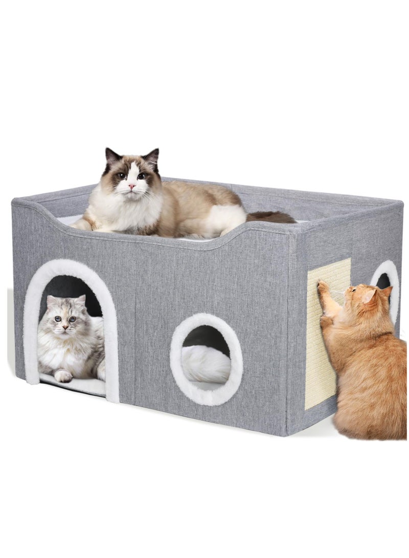 XiuWoo Cat Bed for Indoor Cats, Foldable Cat House with Cube Cat Beds Large Soft Cat Cave Bed with Cat Scratching Board, Covered Cat Hideaway for Cat and Little Dog, 23x15x13 inches, Grey - Image 1