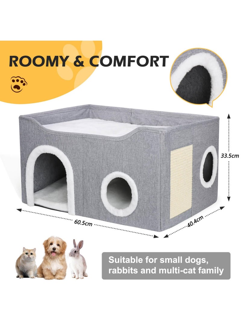 XiuWoo Cat Bed for Indoor Cats, Foldable Cat House with Cube Cat Beds Large Soft Cat Cave Bed with Cat Scratching Board, Covered Cat Hideaway for Cat and Little Dog, 23x15x13 inches, Grey - Image 2