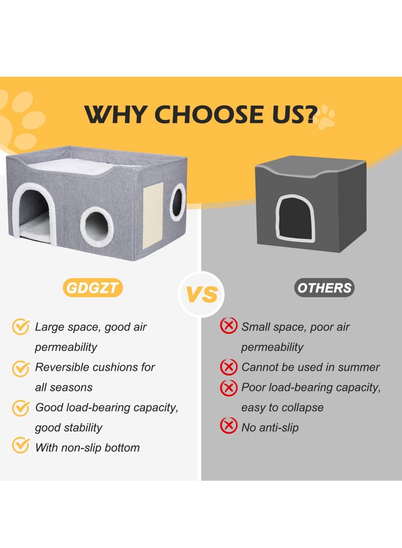 XiuWoo Cat Bed for Indoor Cats, Foldable Cat House with Cube Cat Beds Large Soft Cat Cave Bed with Cat Scratching Board, Covered Cat Hideaway for Cat and Little Dog, 23x15x13 inches, Grey - Image 3