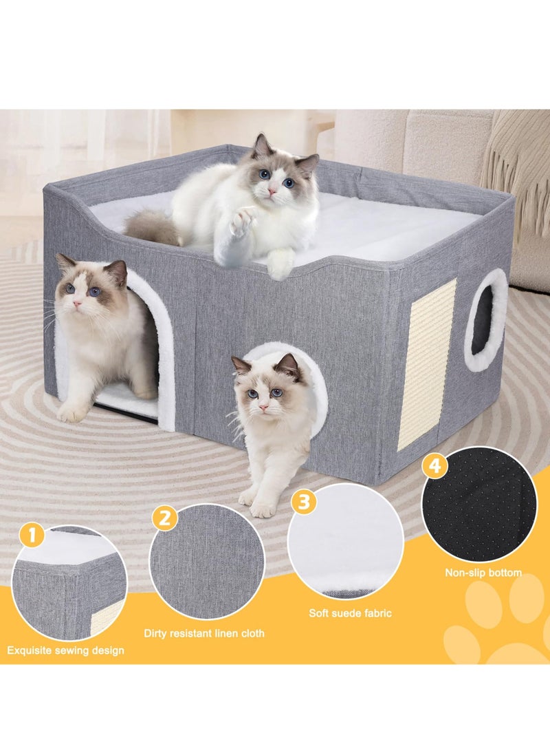 XiuWoo Cat Bed for Indoor Cats, Foldable Cat House with Cube Cat Beds Large Soft Cat Cave Bed with Cat Scratching Board, Covered Cat Hideaway for Cat and Little Dog, 23x15x13 inches, Grey - Image 5